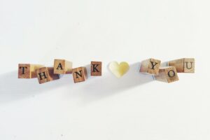Thank you in wooden blocks on a white background