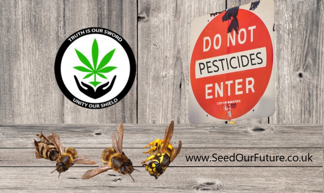 Dead bees in front of a danger pesticides sign