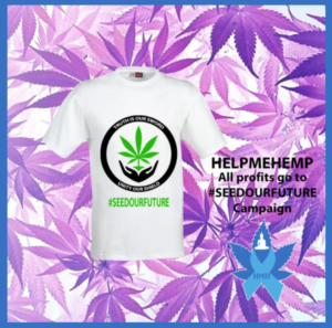 Purple cannabis leaves background with white t-shirt with SoF logo