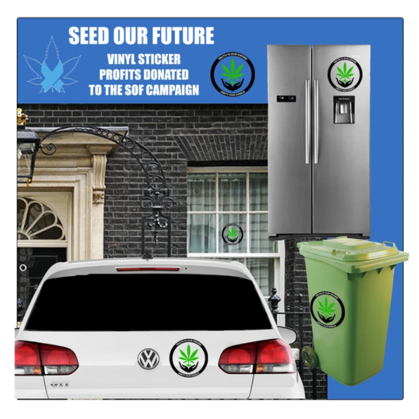 Example of sof stickers on a car a window an a green bin